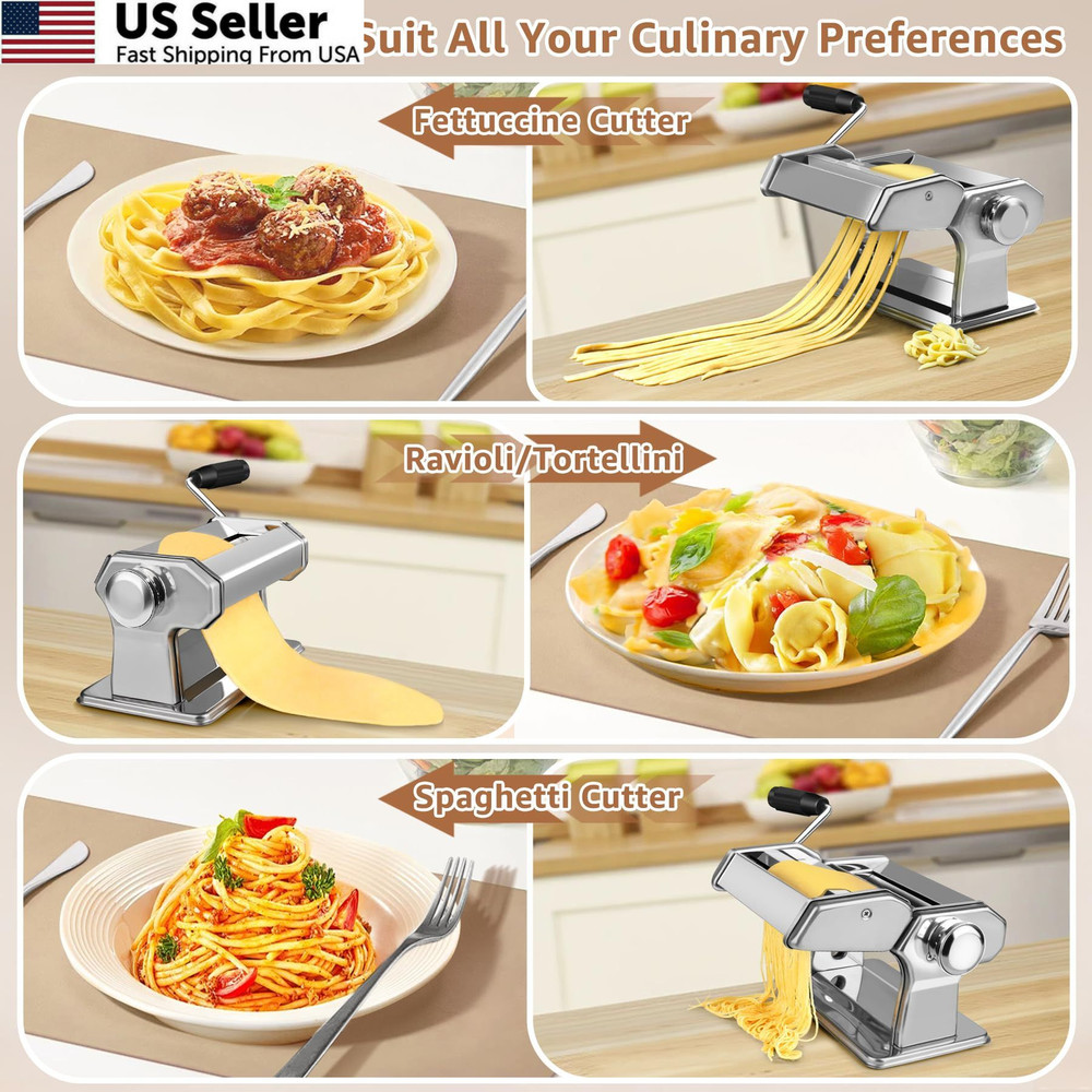 Pasta Maker - 7 Thickness Settings Roller & 2-in-1 Cutter, Silver