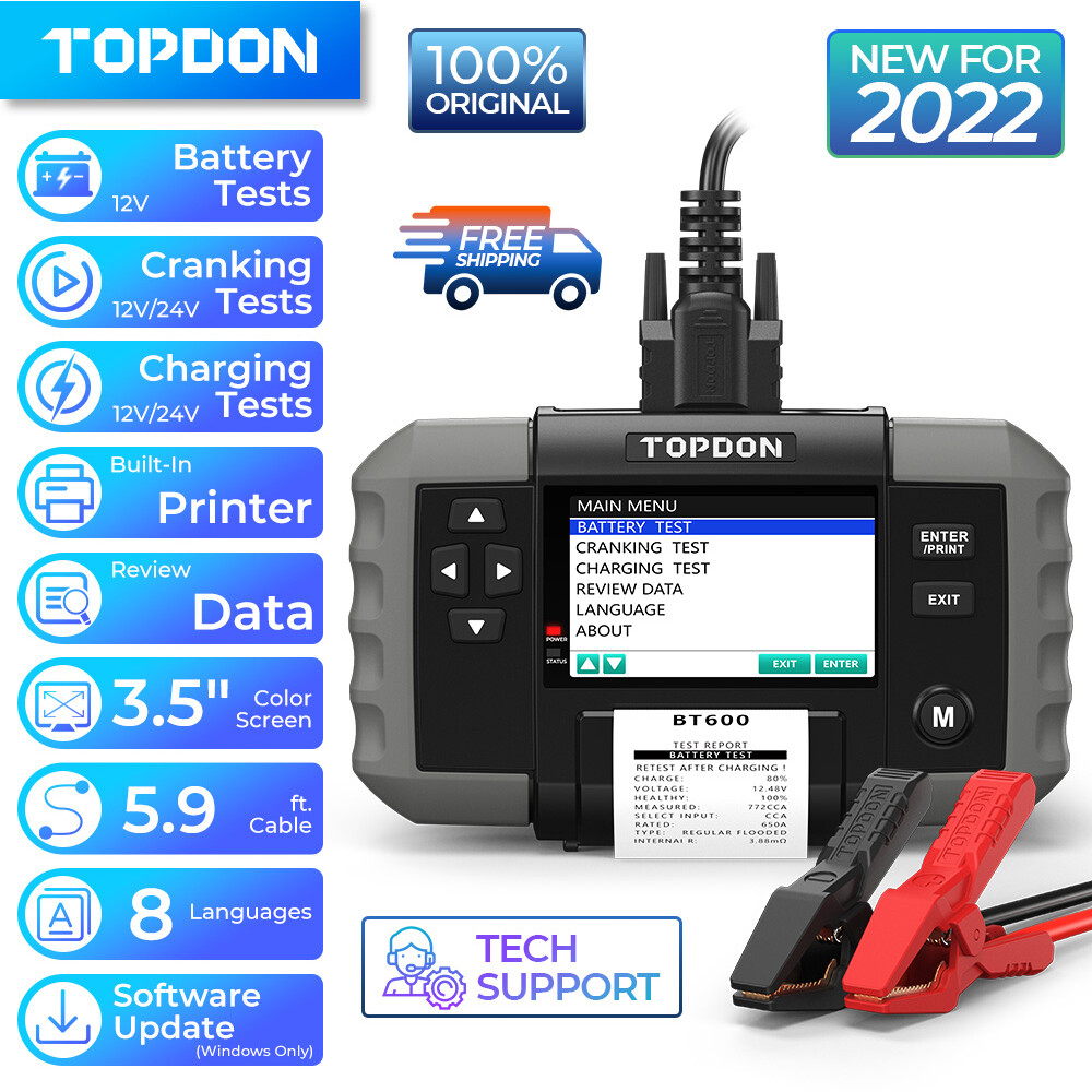 TOPDON BT600 Battery Tester Load Test Tool & Thermal Printer with Printer Paper