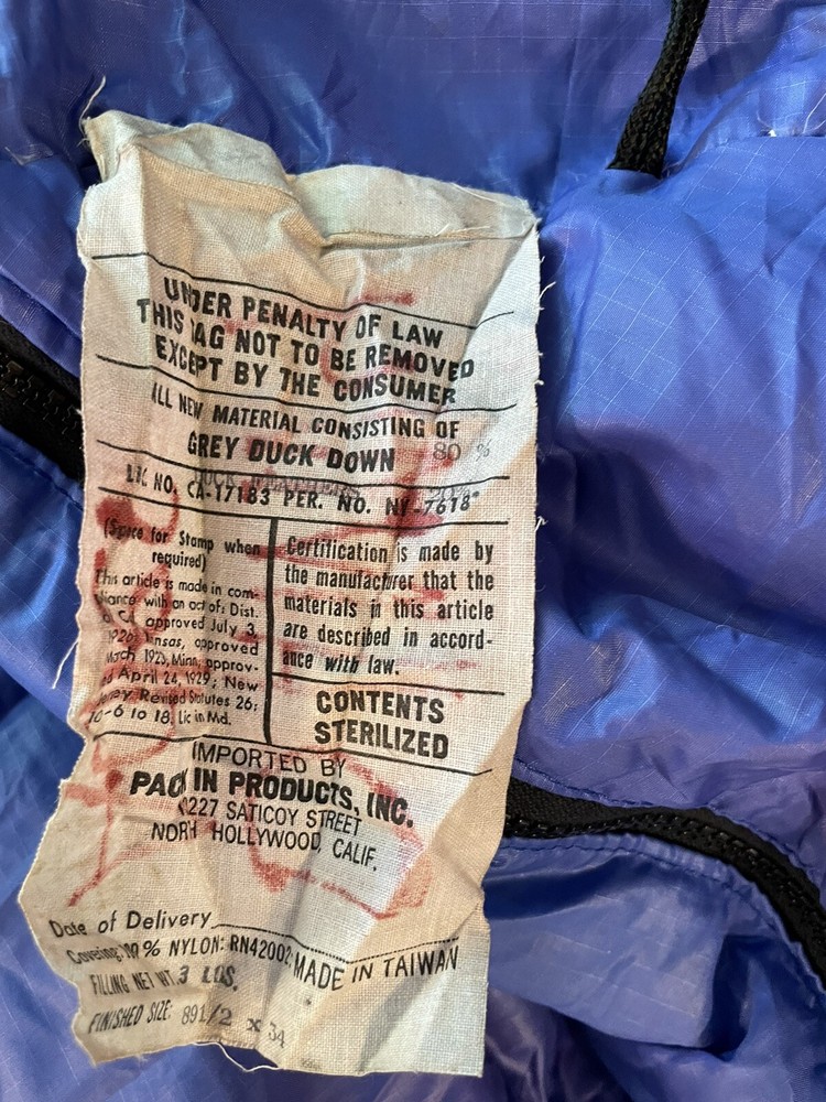 Vtg Pack-In Products Duck Down Sleeping Bag Mummy Blue Packable EUC Right Zip