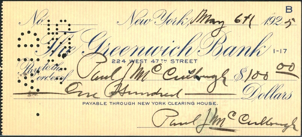 Early Films Paul J. McCullough Signed Check