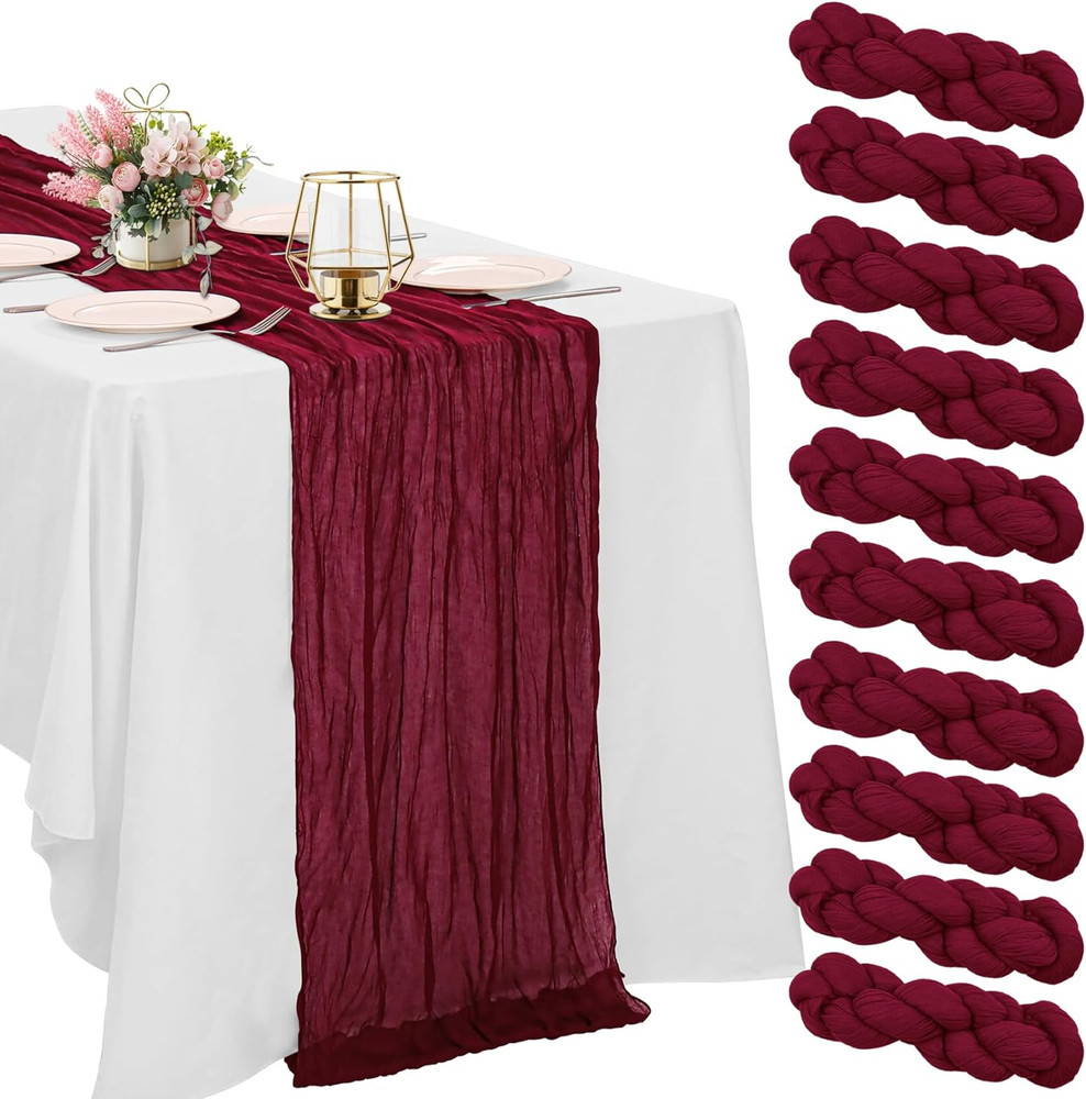 10 Pack Burgundy Cheesecloth Table Runner 10FT Boho Gauze Fabric Table Runner Vi