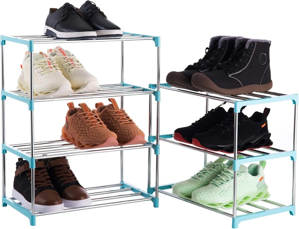 4-Tier Stackable Small Shoe Rack, Lightweight Shelf Storage 4-Tier, Blue
