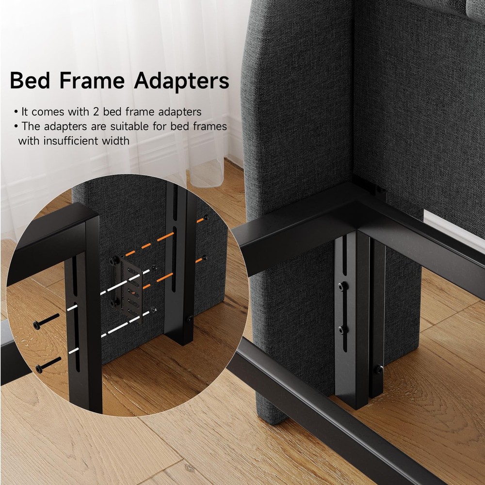 Full Headboard Charging Station Linen Wingback Storage Pocket Dark Grey