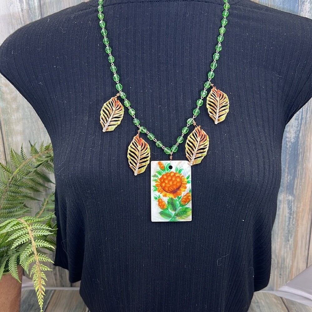 Adorned Crown Artisan Assemblage painted shell leaf colors of autumn necklace