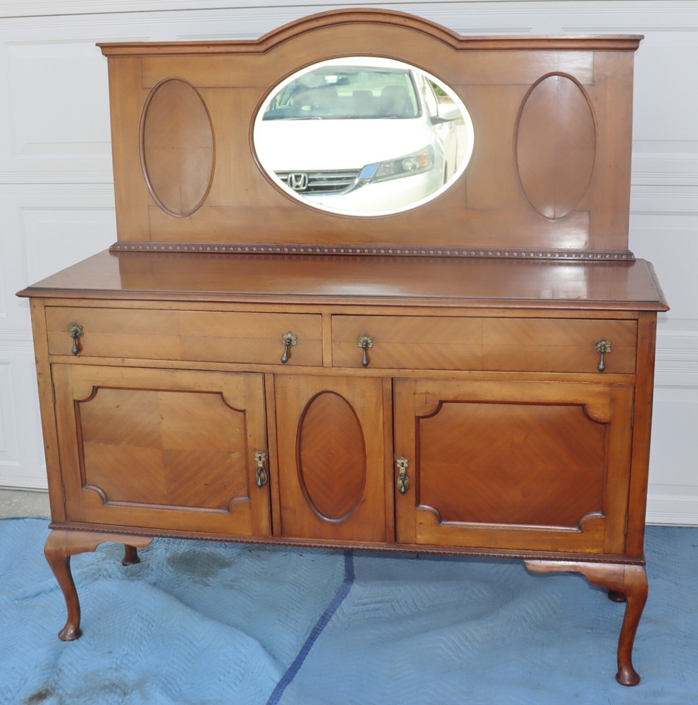 Antique Oak Sideboard Buffet / Server with beveled mirror