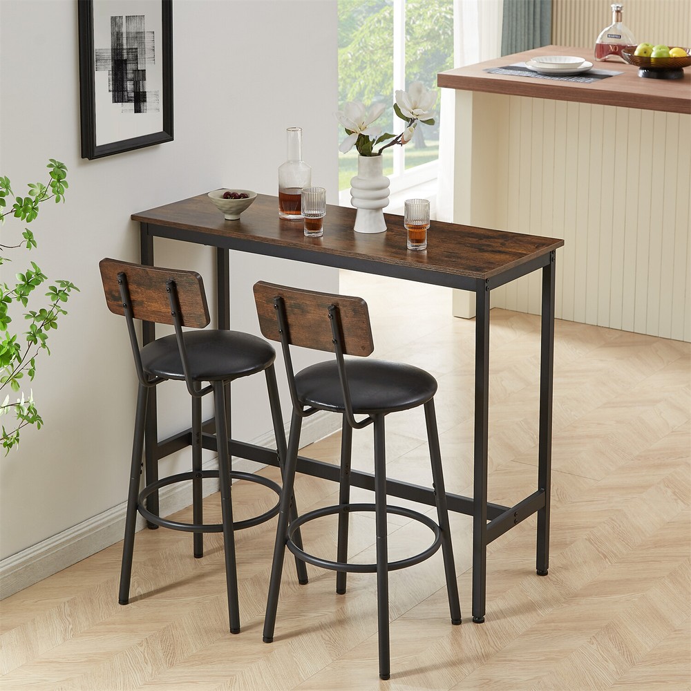 3 Piece Bar Table Set Counter Height Kitchen Pub Table w/ 2 Bar Stools Brown