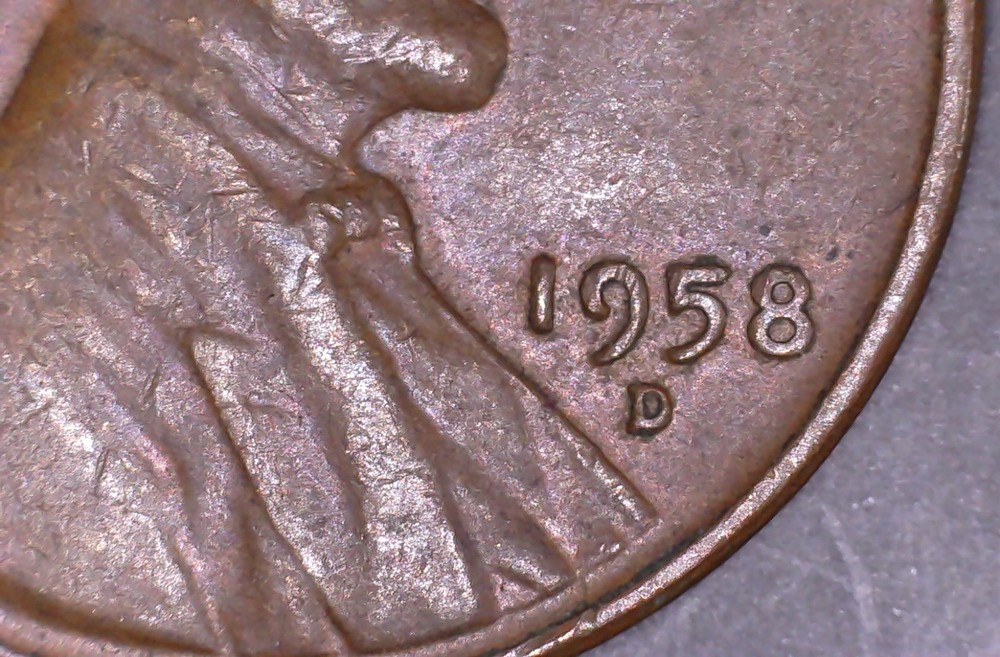 1958-D Lincoln Wheat Cent Terminal Die State Die Chips Mint Error Study Coin