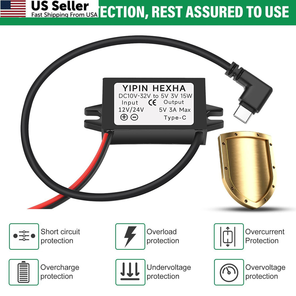 DC 24V/12V to 5V USB Type-C Right Angle Connector, Black