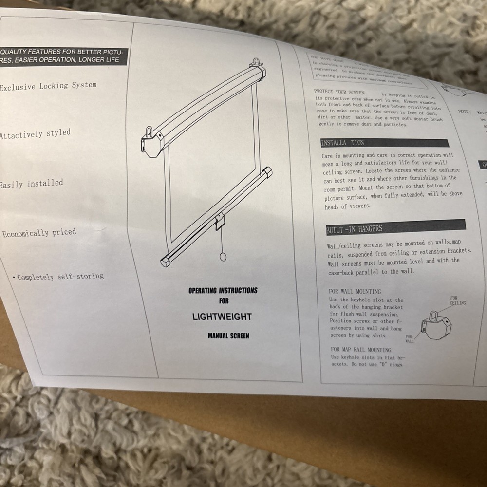 Projection Screen White Bar Built In Wall Hangers Locking System Light Weight