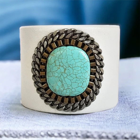 Turquoise Full Moon White Leather Cuff