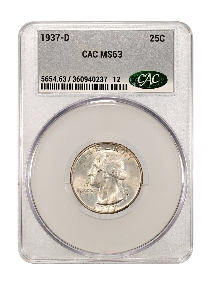 1937-D Washington Quarter CACG MS63 bright luster!