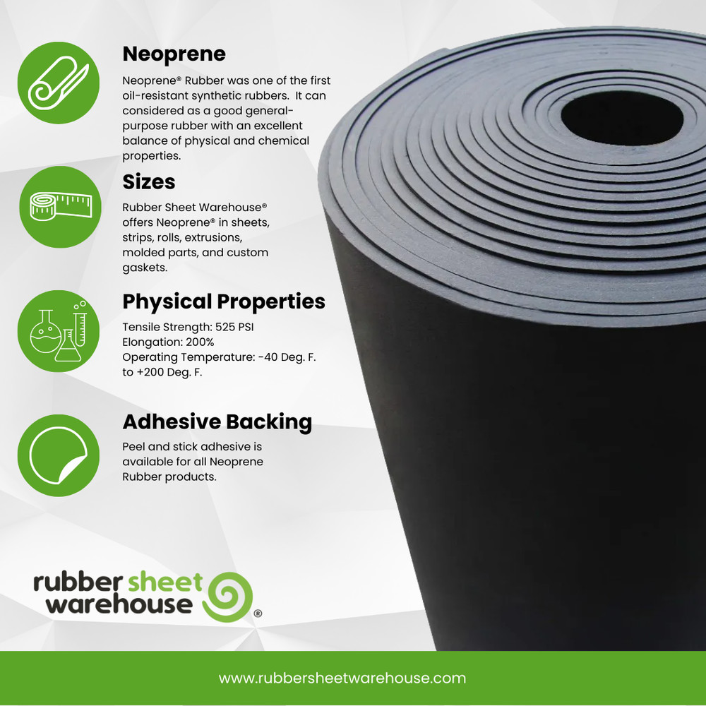 Neoprene Rubber Strip Solid 1/4" Thick x 2" wide x 10 ft long 60A Duro, Black