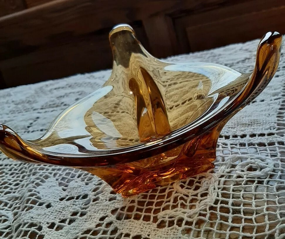 VIKING EPIC MCM Retro Amber Glass dish, triangular base/design, 3 FINGER SPIKES