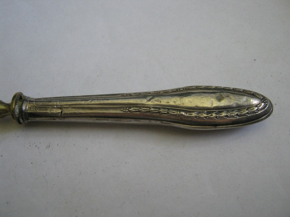 c. 1900 German 800 Silver Handle Brass 6 1/4" Trident Fork, Leaves & Berries