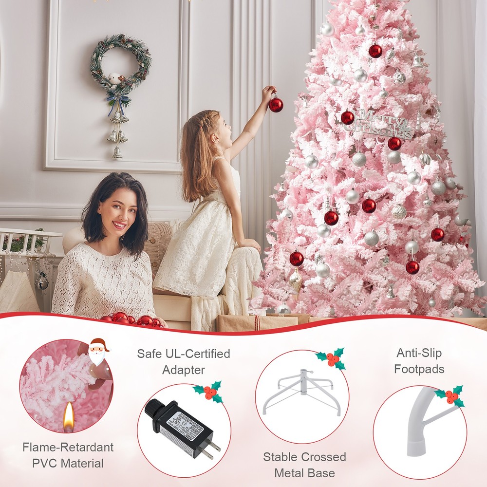 7 FT Pre-Lit Artificial Christmas Tree Lighted Pink Snow Flocked Xmas Tree