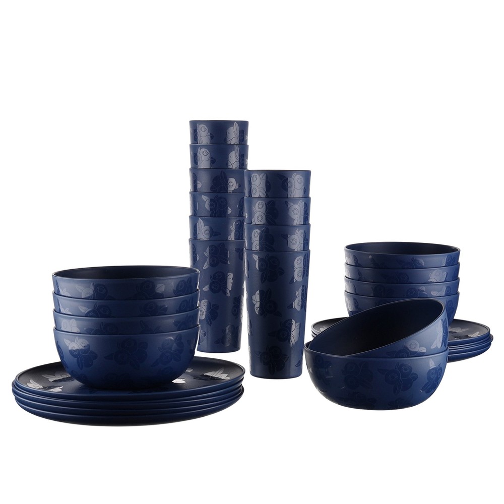 30-Piece Plastic Etched Blueberry Pattern Dinnerware Bundle Set Navy Blue