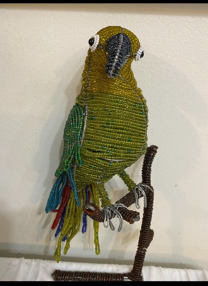 Hand Crafted Beaded Wired Parrot Bird On Perch