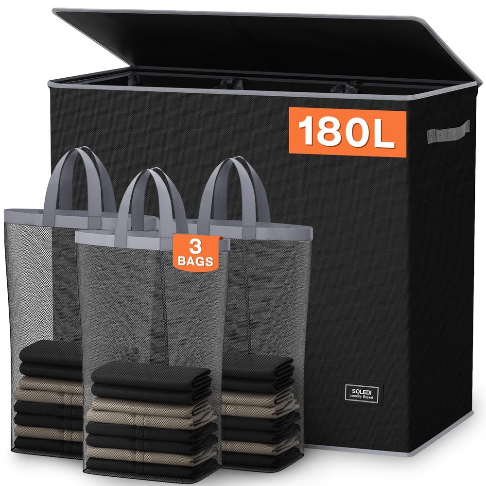 180L Laundry Hamper 3 Section, Extra Large Laundry Hamper with Lid, Dirty Clo...