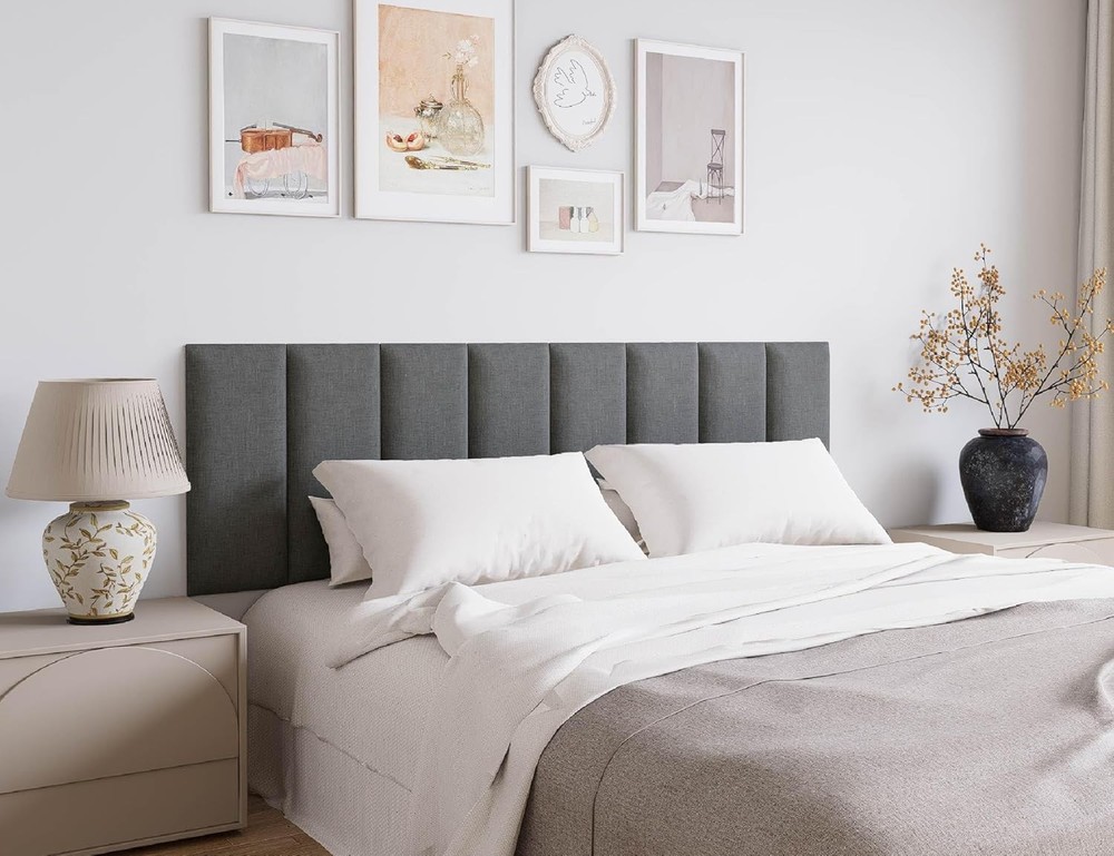 Peel and Stick Queen Headboard 9 Panel Upholstered Wall Mount Dark Grey 10x24