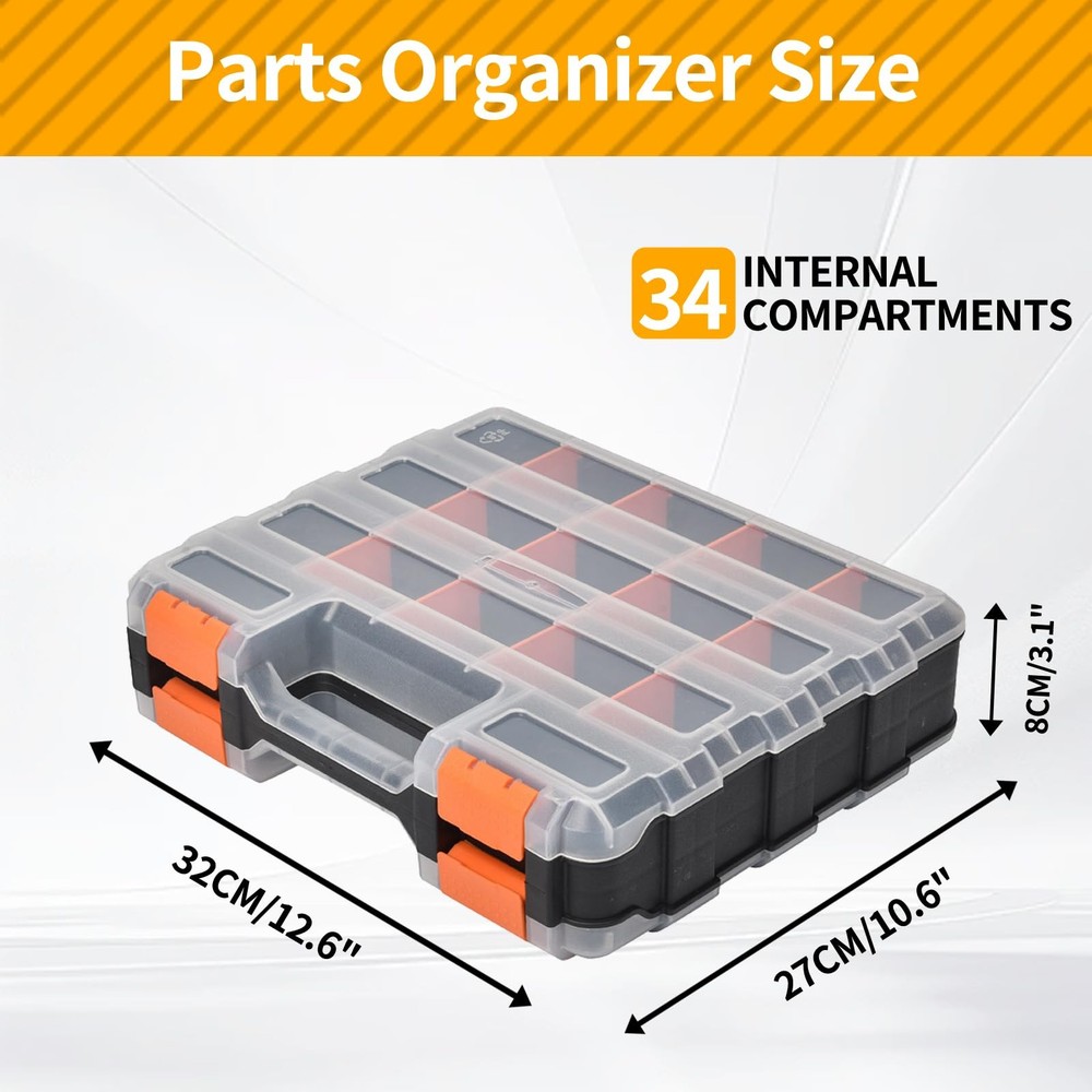 Small Parts Organizer, 34-Compartments Hardware Organizer Box, 1 Pack, Orange