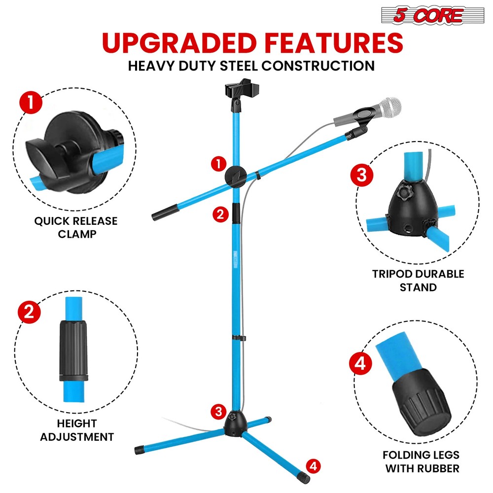 5 Core Microphone Stand Floor Height Adjustable w Extending Telescoping Boom Arm