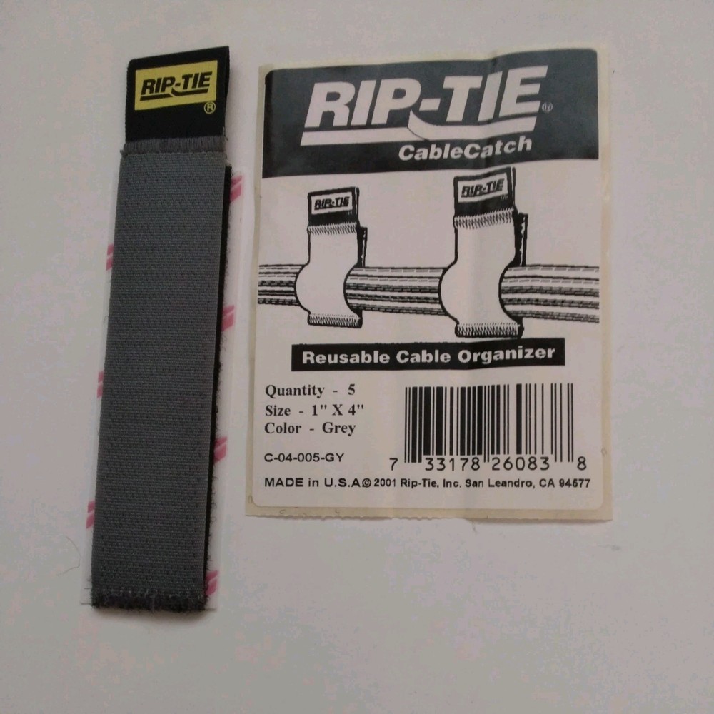 Hook & Loop Reusable Cable Organizer, 1" x 4", Grey, 5 Pack, RIP-TIE CABLE CATCH