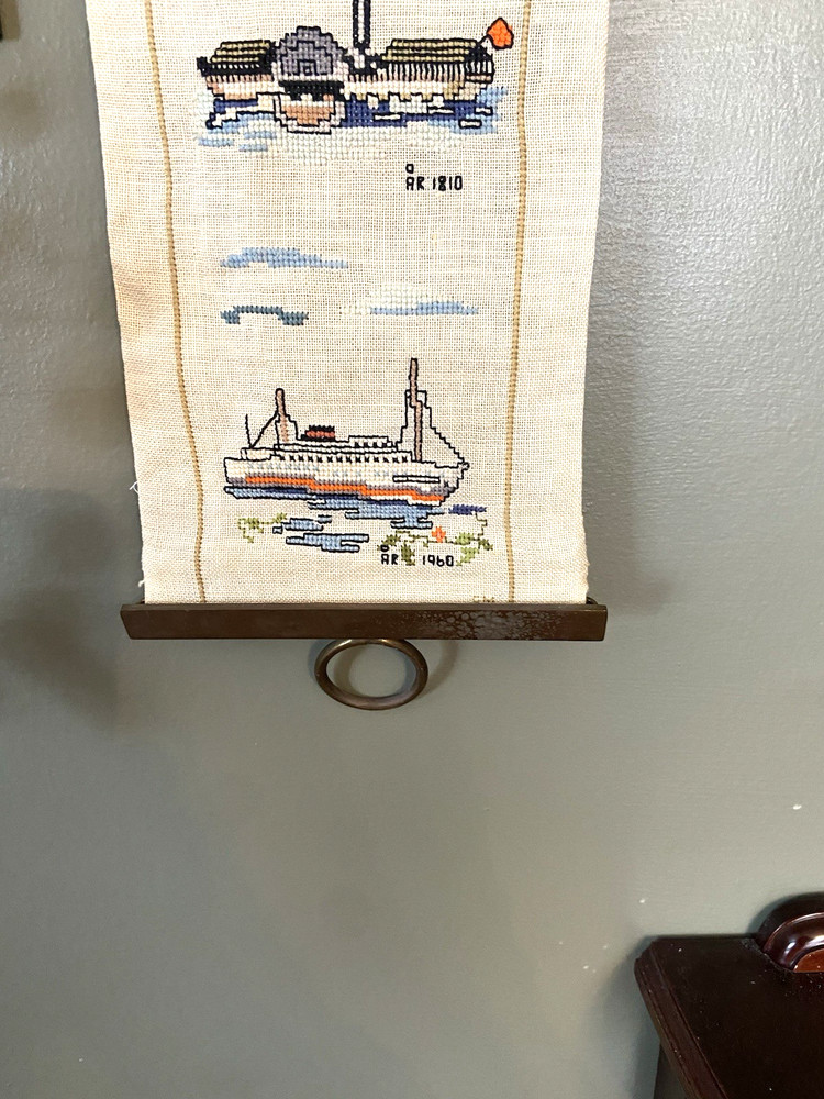 Vintage Hand Made Scandivanian Cross Stitch Bell Pull Linen Nautical Signed