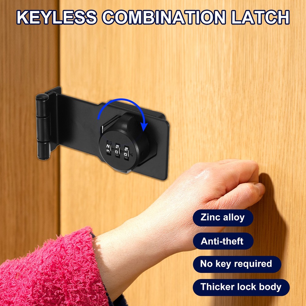 Combination Rotary Hasp Locks Security Door Latch Lock 3 Digit Password Black
