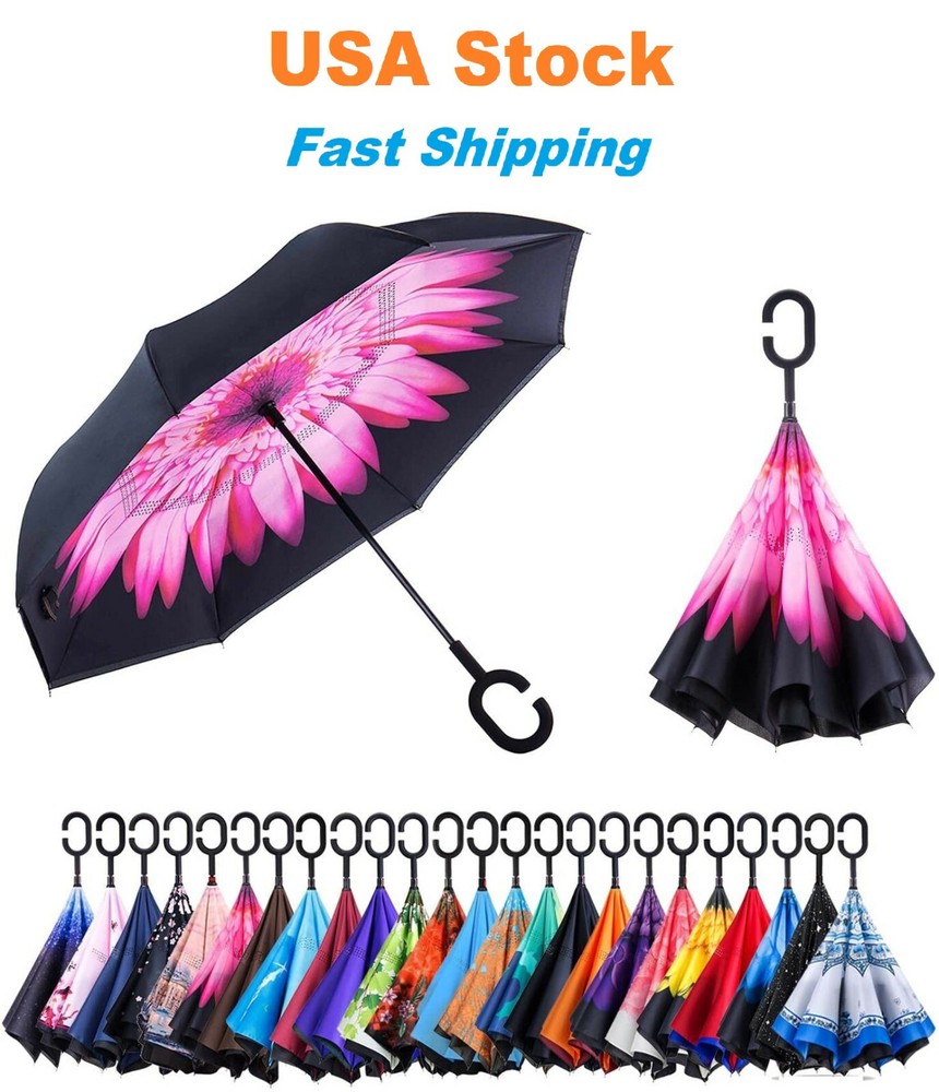 C-Handle Inverted Reverse Umbrella, Flower print (Inside-out, Upside-down)