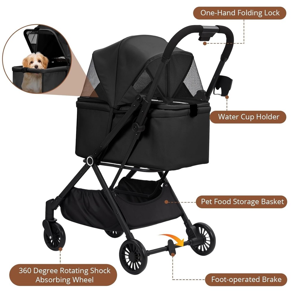 Dog Stroller 4-Wheel Lightweight Foldable Portable Carrier for Small/Medium Pets