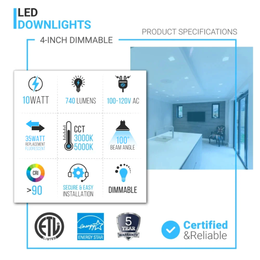 LED Recessed Downlight 4 Inch with Adjustable Eyeball 10W Dimmable Mounting Clip