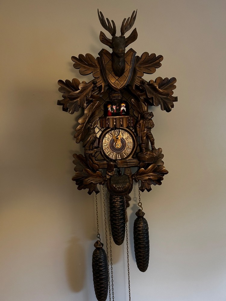 Authentic Black Forest German Cuckoo Clock – Hand-Carved Deer Hunter Theme