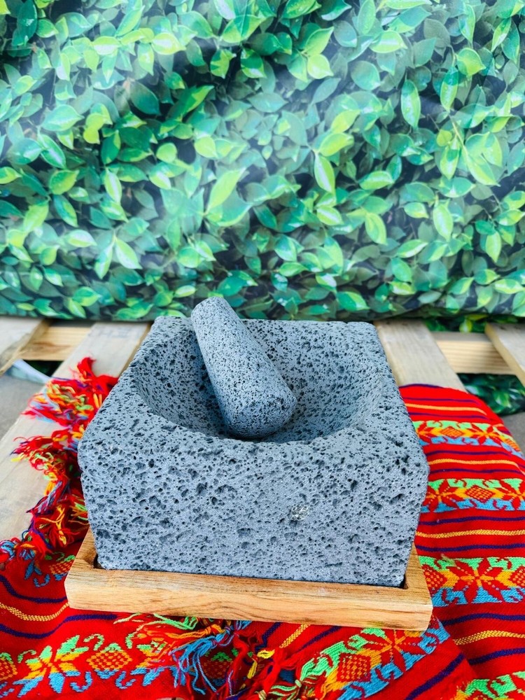 Molcajete Stone Square 8in With Wood Bottom Base