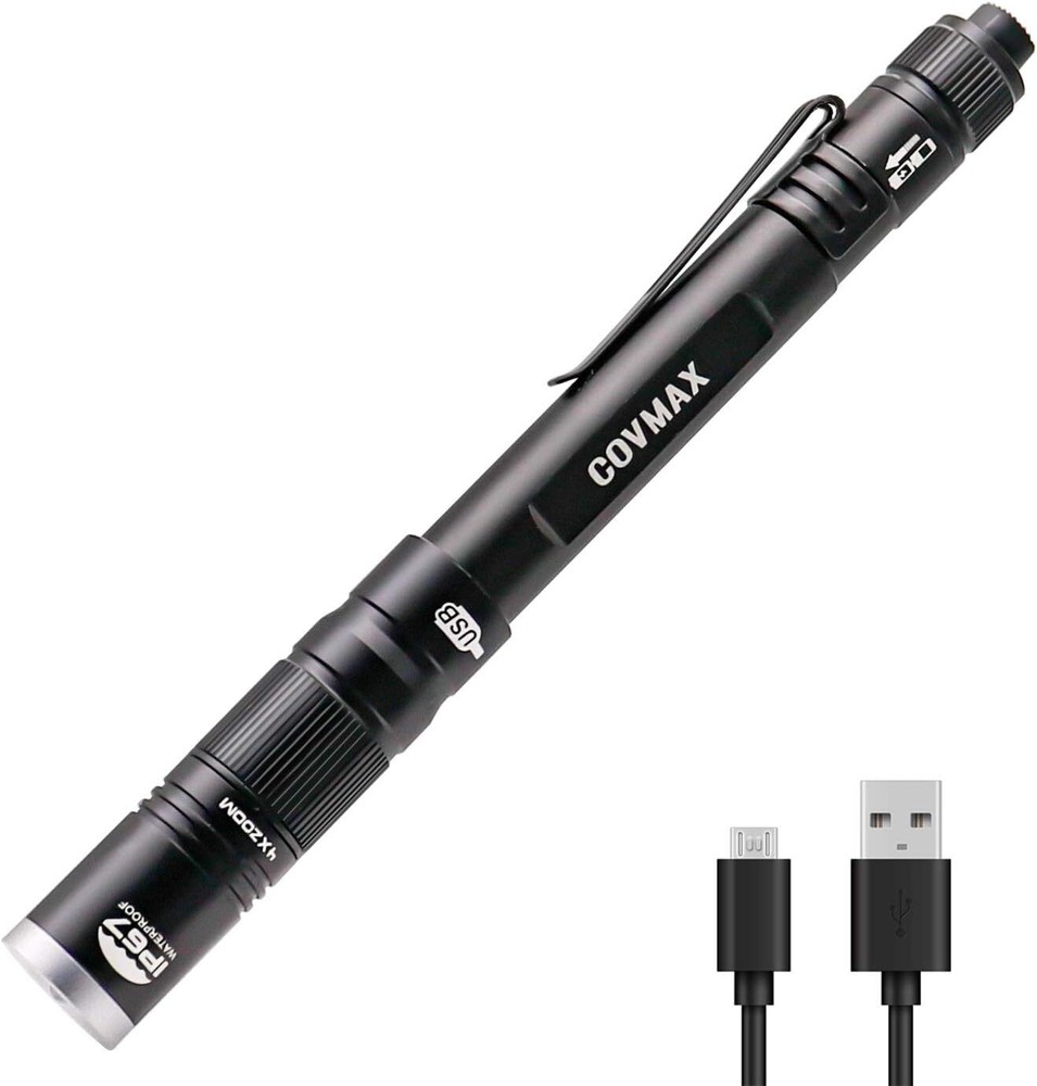COVMAX Rechargeable Pen Light Flashlight IP67 Waterproof with Pocket Black