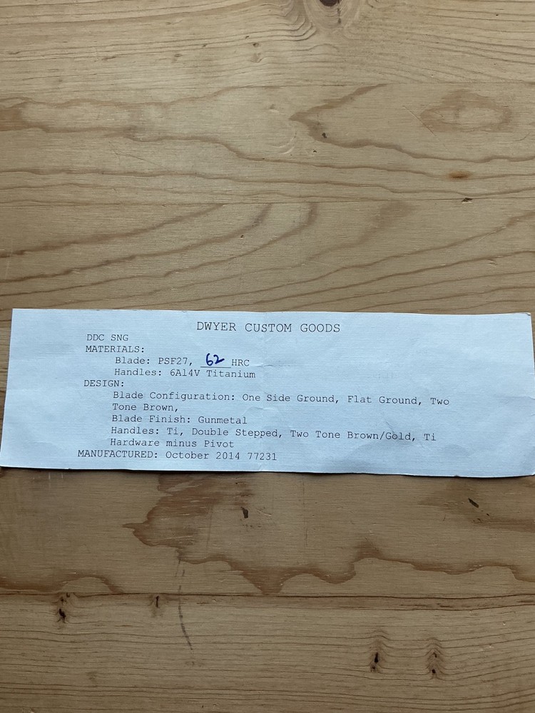 Dwayne Dwyer Custom SNG Drop Point, Chisel Blade, Stepped TI Handle.