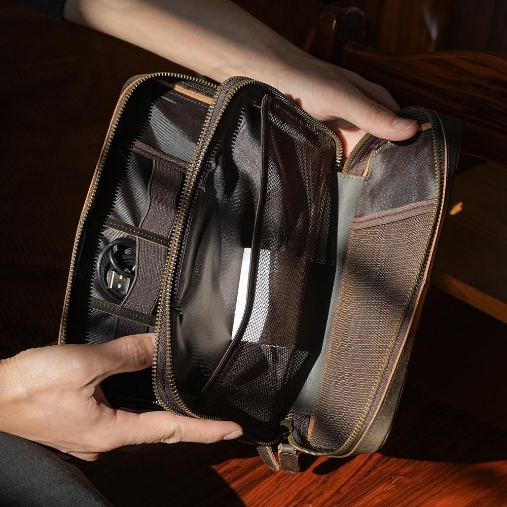 Double Layer Leather Travel Cable Organizer Bag for Electronics Storage