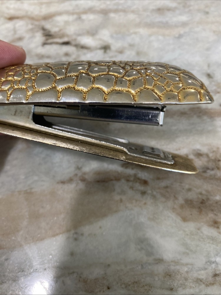 Brass Gold Tone Stapler Lizard Snake Scale Texture Vintage Works