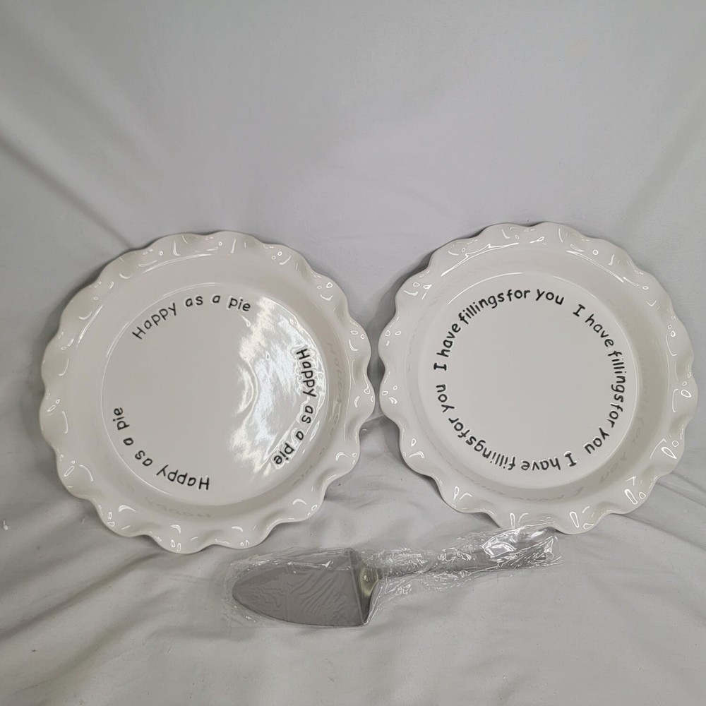 Parini White Ceramic Pie Dish Set w/2 Pie Dishes 11"W & Serving Spatula Open Box