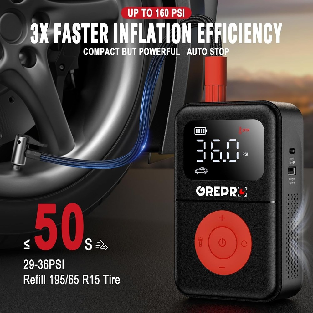 Compact 160 PSI Air Compressor with Rechargeable Battery & Multiple Adapters