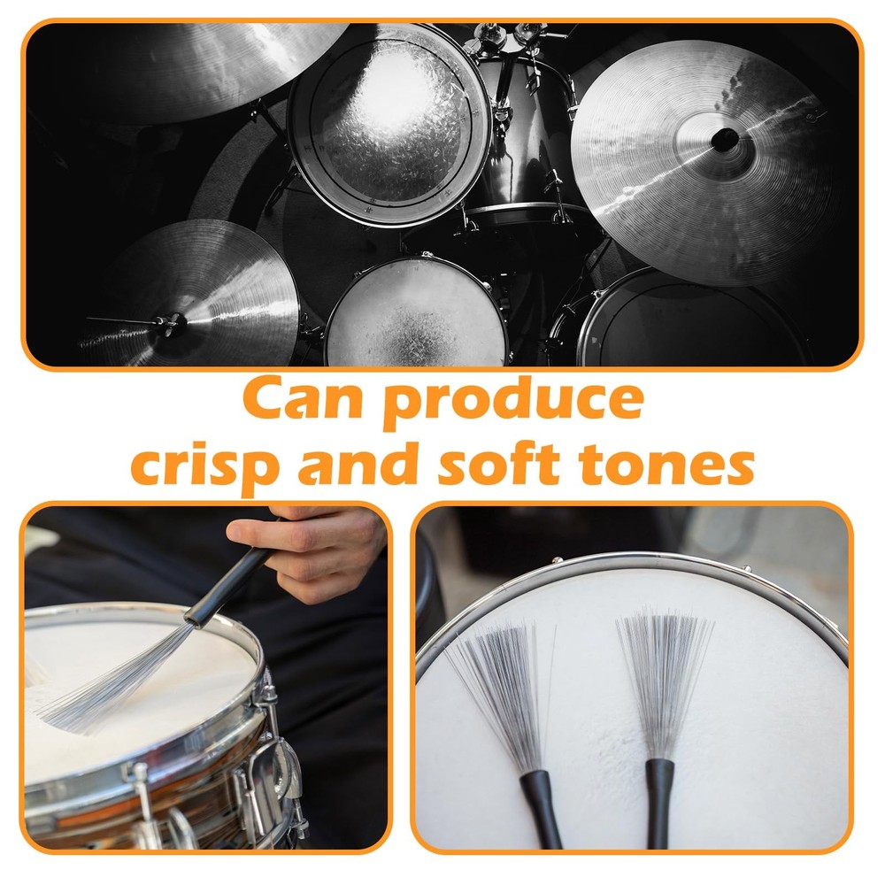1 Pair Drum Brushes, Retractable Wire and Percussion Black Silver