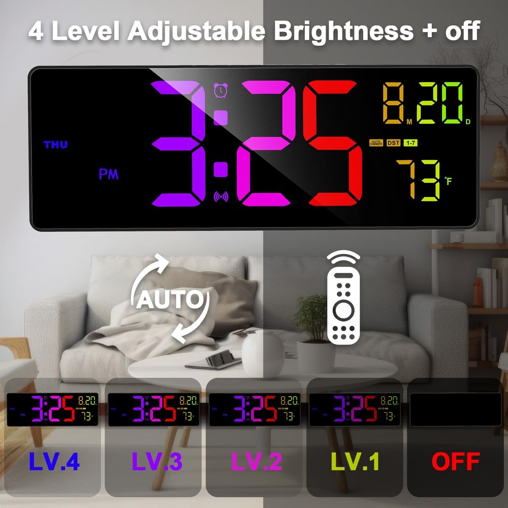 16.3" Bluetooth Large Digital Wall Clock with Remote Control, Auto Time Sync,...