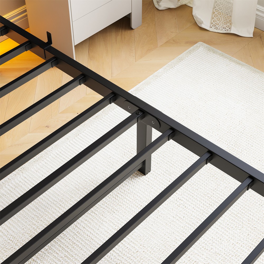 Twin Size Bed Frame Metal Platform Bed with LED Light & Charging Station