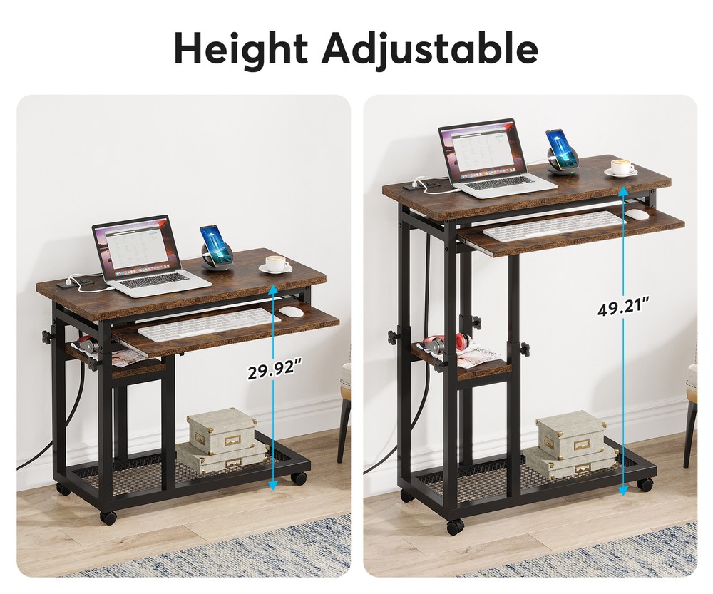 Small Portable Desk with Power Outlet, Height Adjustable Bedside Laptop Table