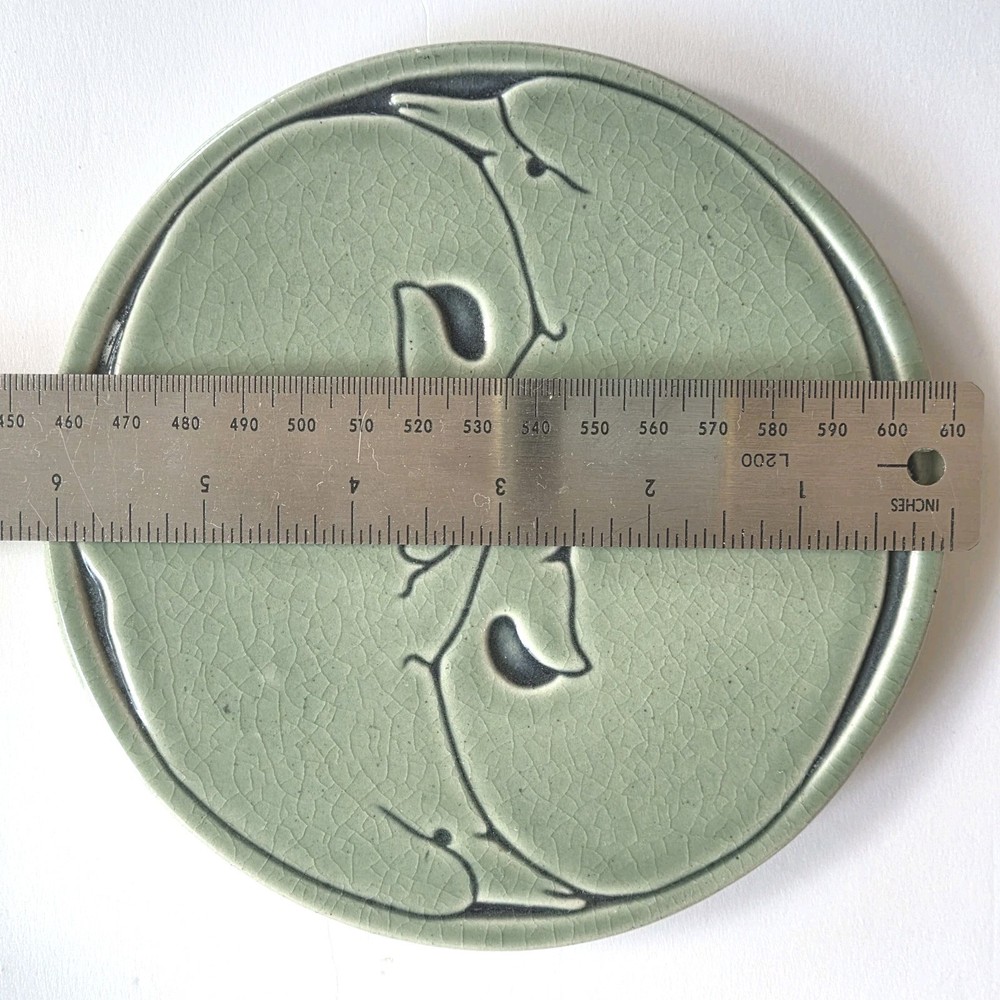 MCM Signed Sullivans Two Intertwined Dolphins 6" Celadon Round Tile Trivet