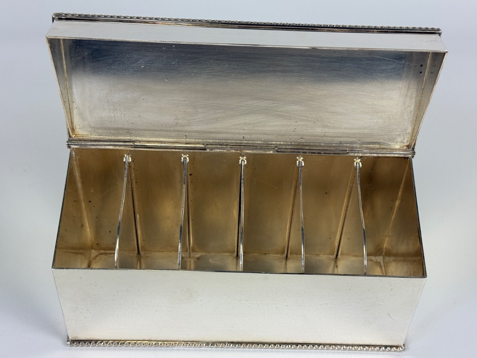 Barker Ellis Vintage Silver Plate Tea Caddy Box, England, 6 Divided Sections