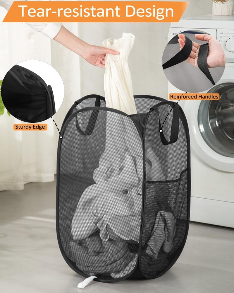 2 Pcs Durable Collapsible Laundry Baskets - Reinforced Mesh Pop up Laundry Hampe