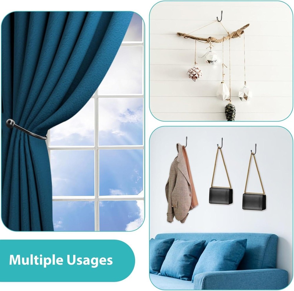 8 Pcs Black Metal U Shaped Curtain Pull Backs - Wall Mounted Curtain Hooks with
