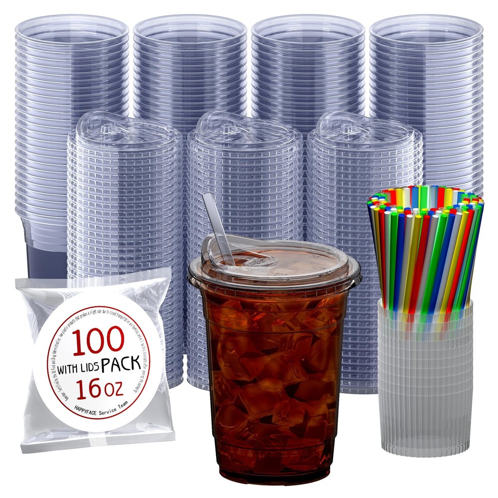 100 Pack, 16 oz Disposable Clear Plastic Cups with Sip Through Lids, Straws, ...
