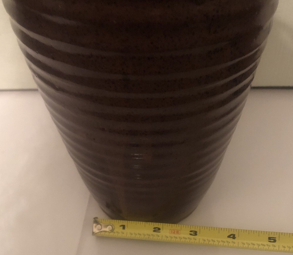 Art Pottery Ceramic Pitcher Rustic Drip Glaze Ribbed Pattern Scroll Handle 11.5”