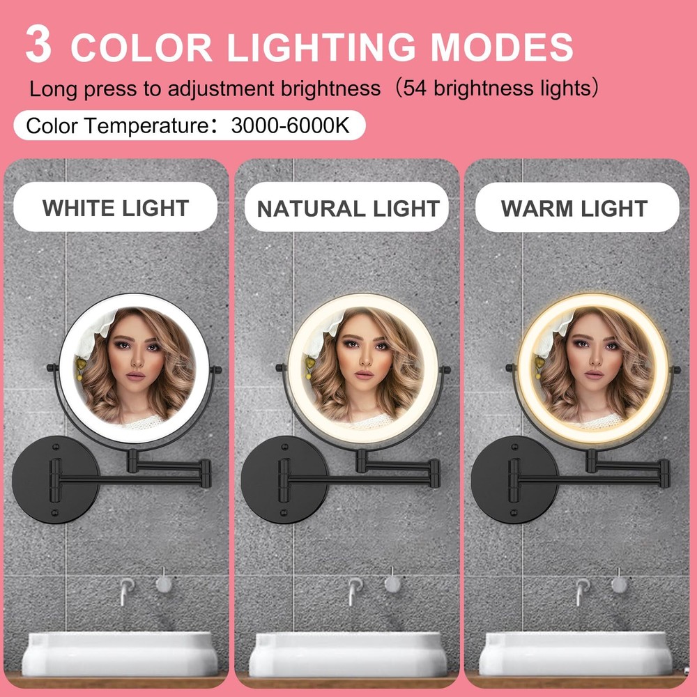 Rechargeable Wall Mounted Lighted Makeup Mirror 8" Double-Sided Magnifying Va...